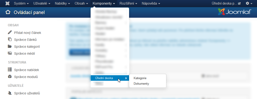 Po nainstalování rozšíření naleznete položku Úřední deska klasicky ve struktuře komponent.