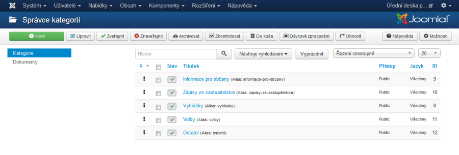 Přehled kategorií komponenty Úřední deska