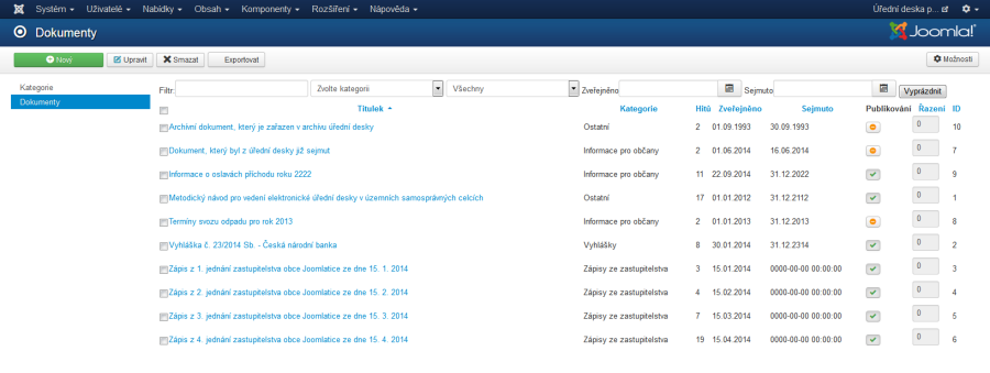 Přehled dokumentů v komponentě Úřední deska pro Joomla