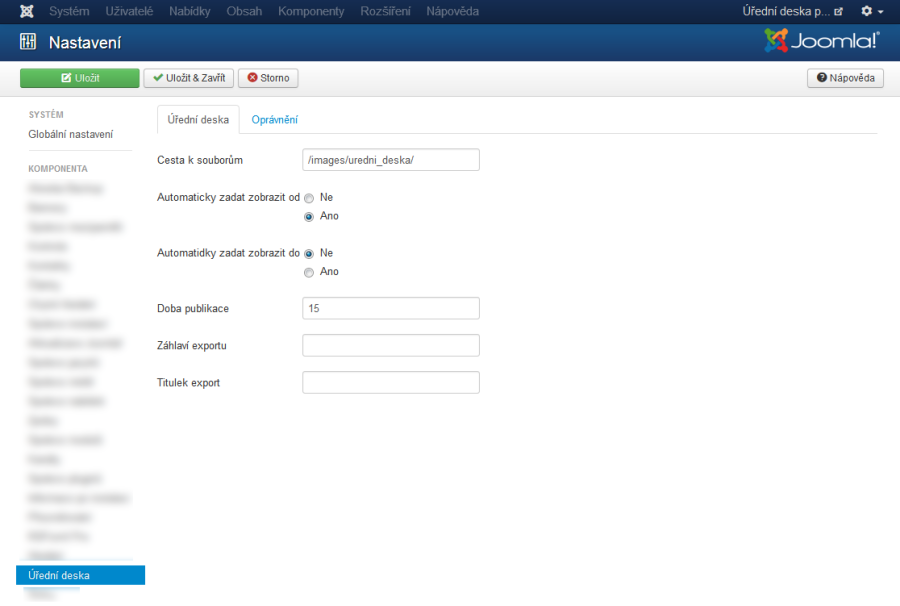 Možnosti nastavení komponenty Úřední deska pro Joomla 3