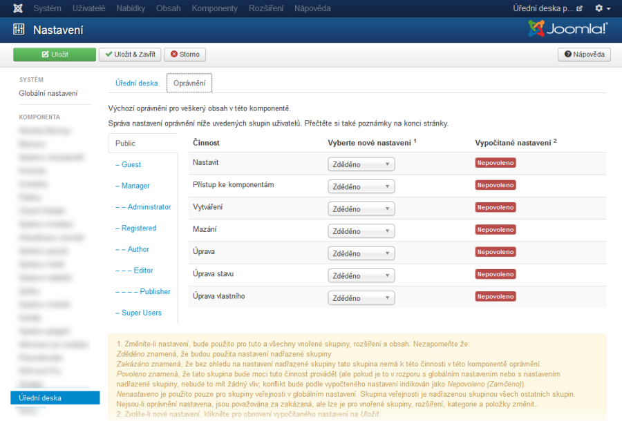 Možnosti oprávnění komponenty Úřední deska pro Joomla 3