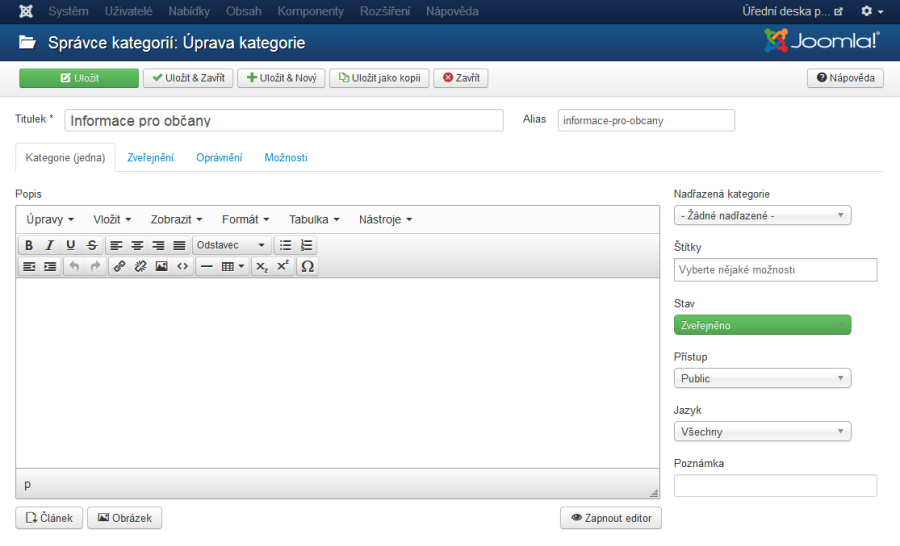 Detail kategorie komponenty Úřední deska pro Joomla 3