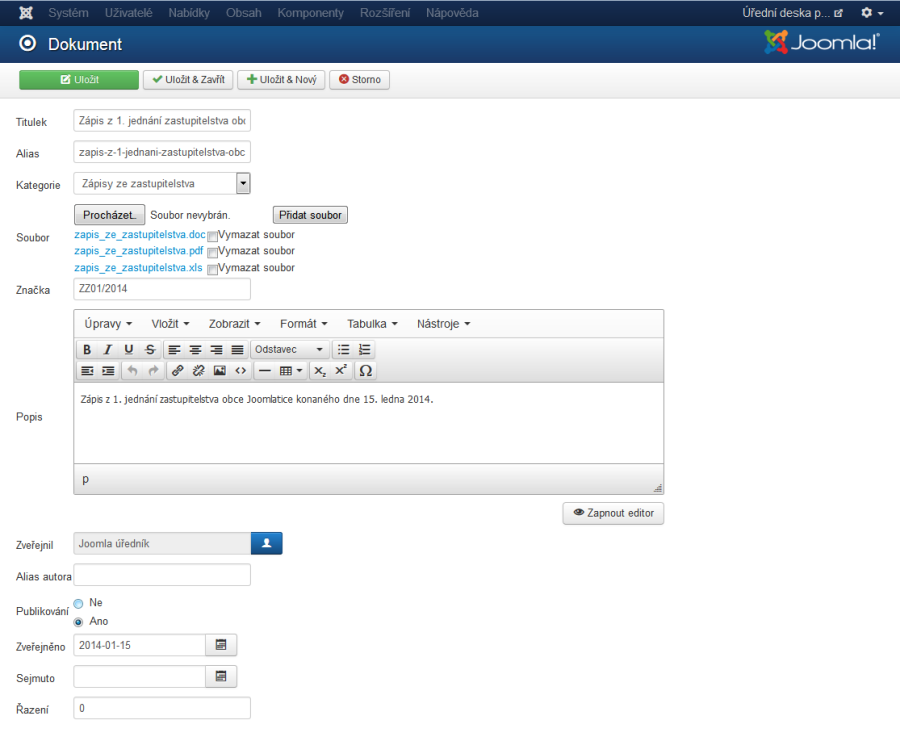 Detail dokumentu komponenty Úřední deska pro Joomla 3