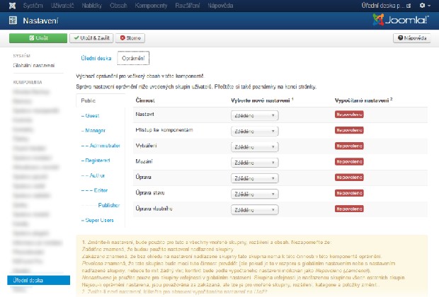 Možnosti oprávnění komponenty Úřední deska pro Joomla 3